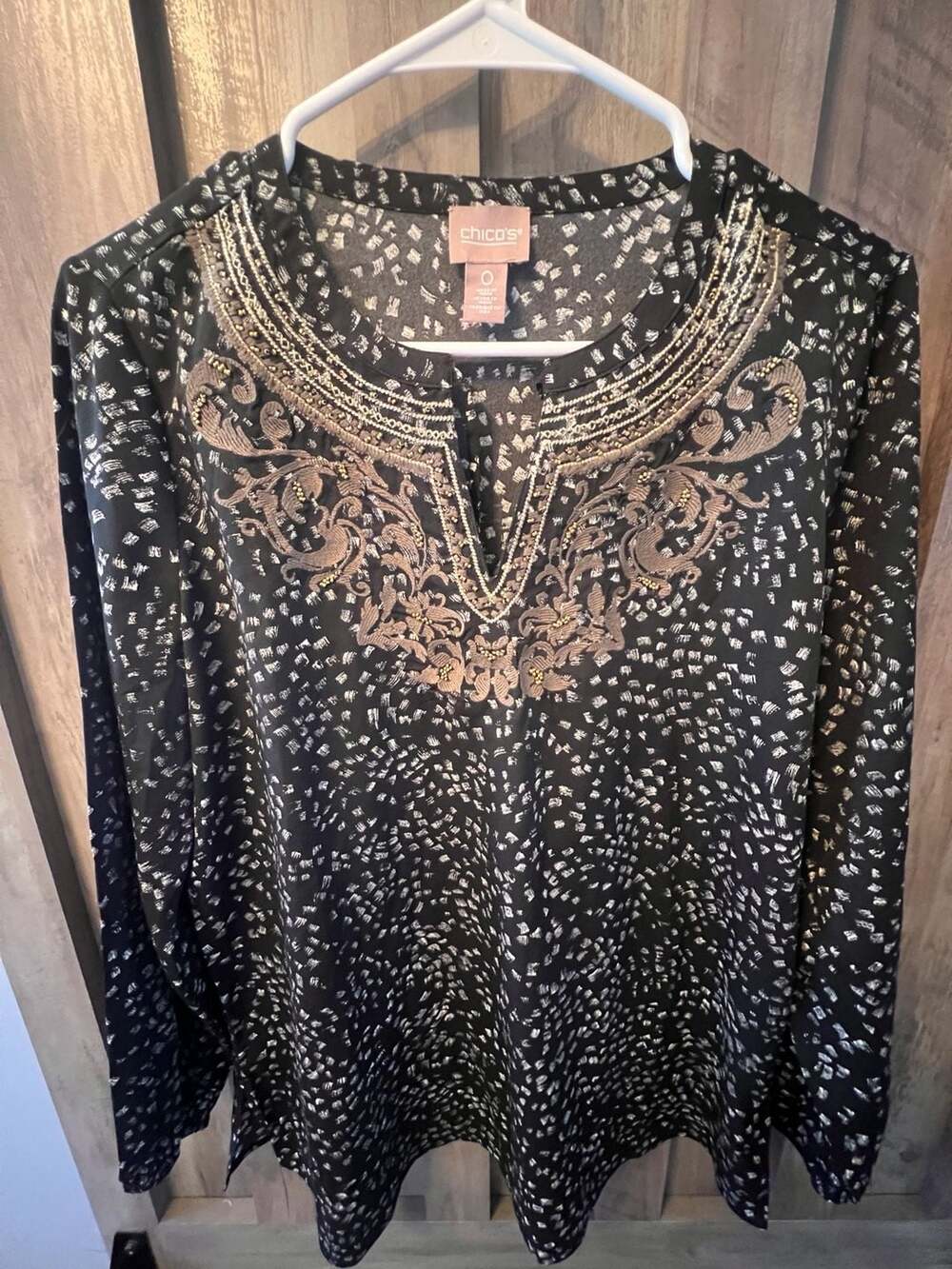 Chico's Black Patterned Embroidered Beaded Long Sleeve Tunic Blouse Size 0